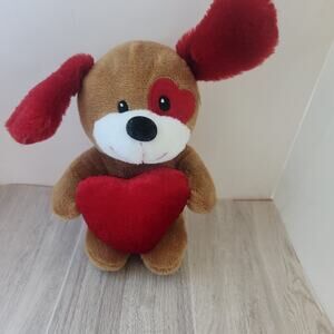 Valentine Brown Red White Puppy Dog 6" Heart Eye Patch Plush White Snout 6 Inch